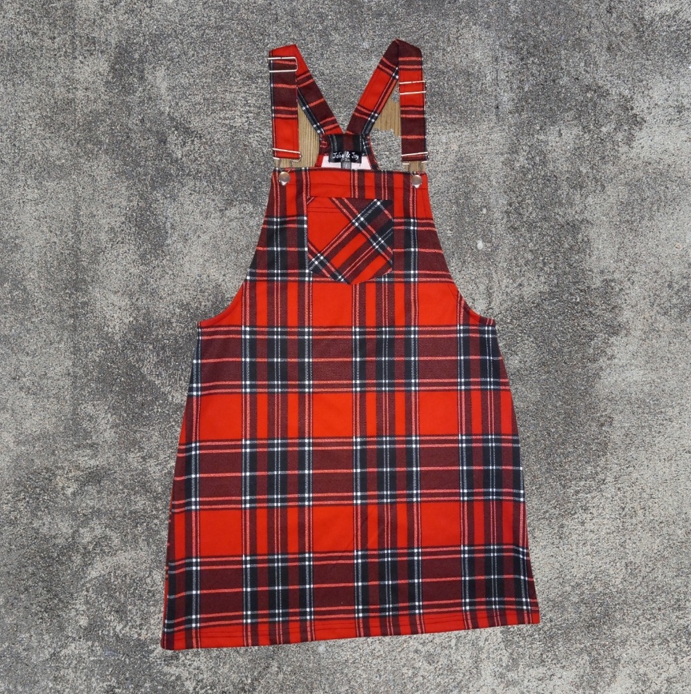 Red Plaid Overall Dress
